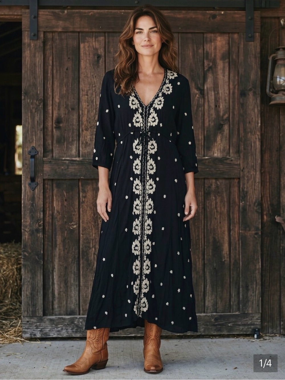 Free People Embroidered Fable Black Midi Boho Western Cottagecore Dress Size M
